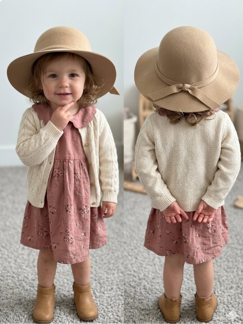 Girls Vintage Wide Brim Floppy Hat Wool Felt with Bow